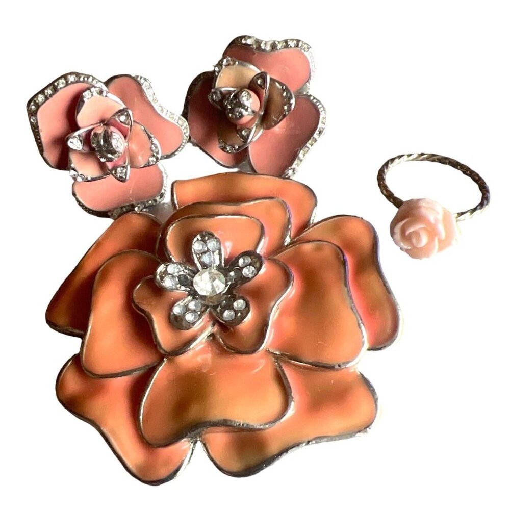 Vintage Pink Enamel Jewelry 3D Barbiecore Earrings Ring Brooch Rosette Pretty